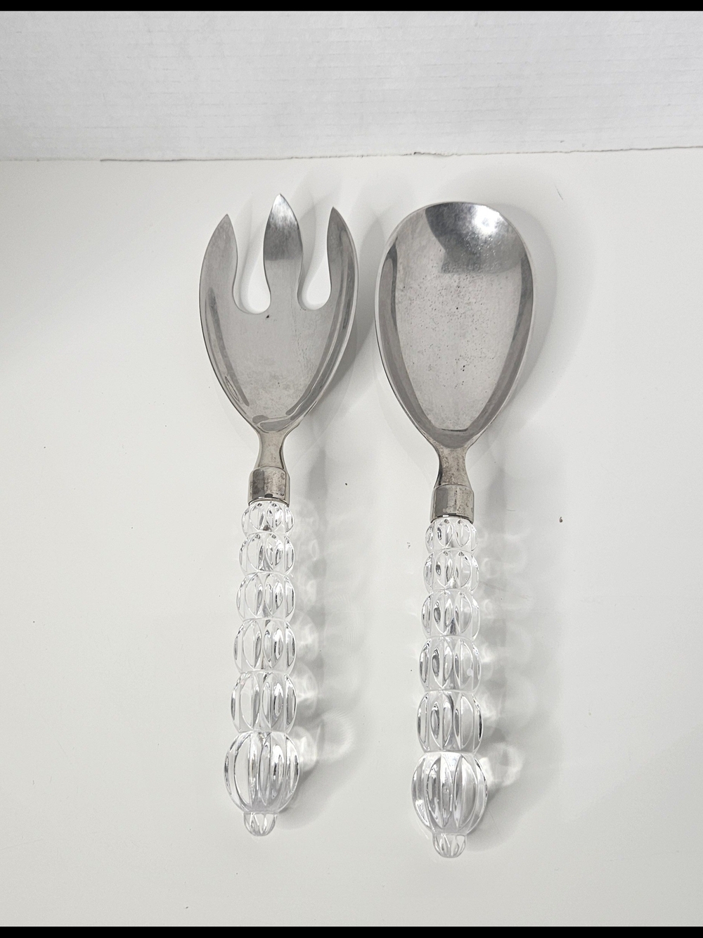 Clear Beaded Handle Salad Serving Set - Stainless Steel Fork & Spoon